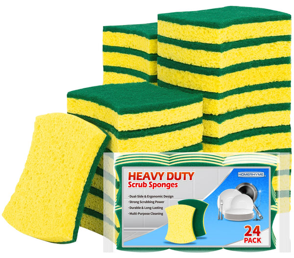 HOMERHYME Heavy Duty Scrub Sponge 24 Pack, Eco Cellulose Kitchen Dish Sponge Multipurpose Ergonomic for Washing Dishes, Uncoated Cookware &
