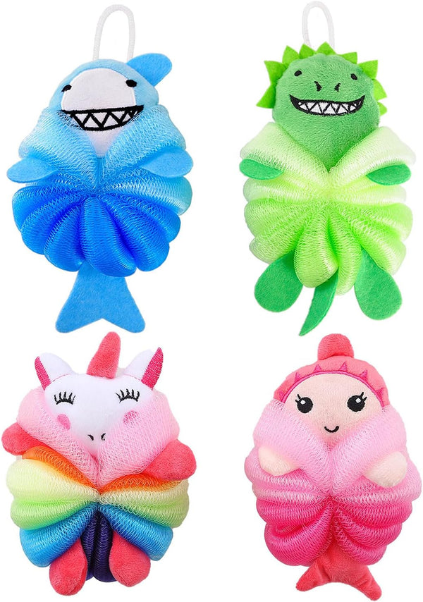 4 Pack Fun Bubble Bath Kid Loofahs, Cute Animal Loofah Bath Sponge, Shower Puffs Body Scrubber, Cute Sponges Cartoon 2
