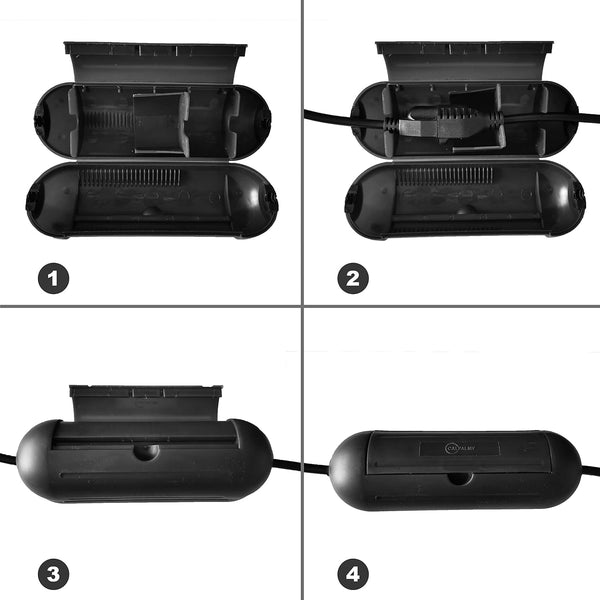 4 Pack Extension Cord Protective Cover Set (Black) | Indoor Outdoor Water-Resistant Holder for Holiday String Lights and Wires | Capsule Shaped