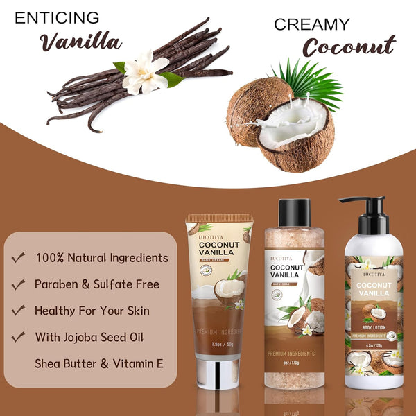 Gifts for Women, Birthday Gifts for Women, Bath and Body Gifts Set, Vanilla Coconut Spa Gift for Self Care,Thank You Relaxing Bath Sets for Mom,