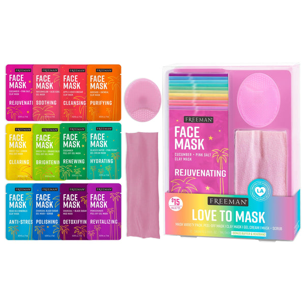 Freeman 14 Piece Love To Mask Variety Pack, Facial Masks For All Skin Types, Hydrate, Detoxify, & Clear Skin, Exfoliating Scrub, Bonus Headband
