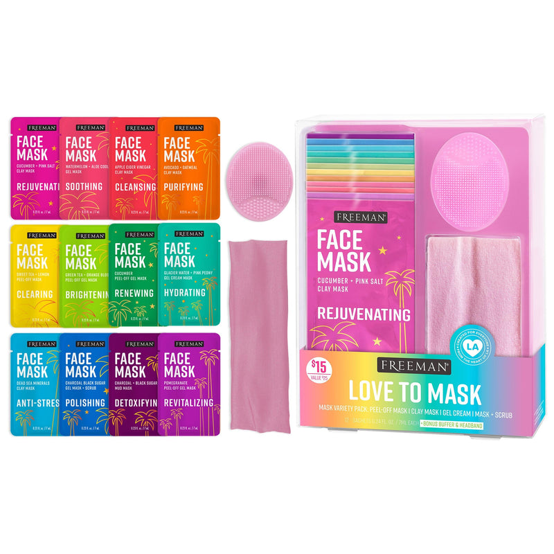 Freeman 14 Piece Love To Mask Variety Pack, Facial Masks For All Skin Types, Hydrate, Detoxify, & Clear Skin, Exfoliating Scrub, Bonus Headband