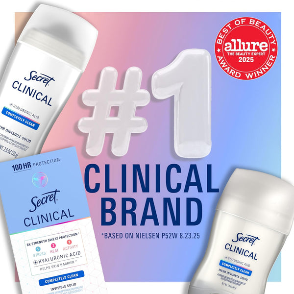Secret Clinical Strength Antiperspirant Deodorant for Women, 3X Stress Protection, 72Hr Sweat & Odor Protection, PH Balancing Minerals, Invisible