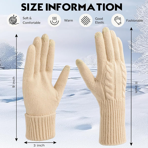 Pleneal Winter Gloves for Women Cold Weather - Womens Gloves Warm Touch Screen Fleece Lined Elastic Cuff Knit Glove 2 Pairs Black & Beige
