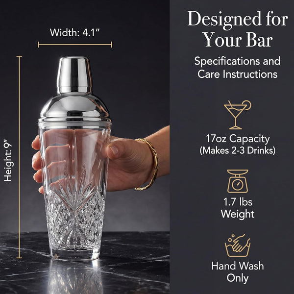 Godinger Dublin Crystal Cocktail Shaker with Lid - Glass Martini Shaker, Drink Shaker for Home Bar, Bartender Gift, 17oz Silver