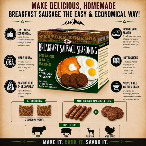 Hi Mountain Breakfast Sausage Seasoning Mix | PRAIRE SAGE | Make Homemade Sausage with Pork, Venison, Deer, Elk & Wild Game | Makes up to 24 lbs