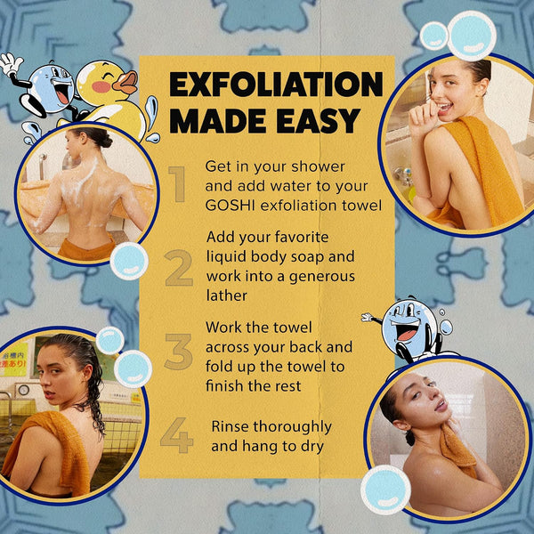 GOSHI Exfoliating Shower Towel - Long Body Scrubber, Orange | For back acne, KP & smooth skin, durable quick dry nylon washcloth, ethically