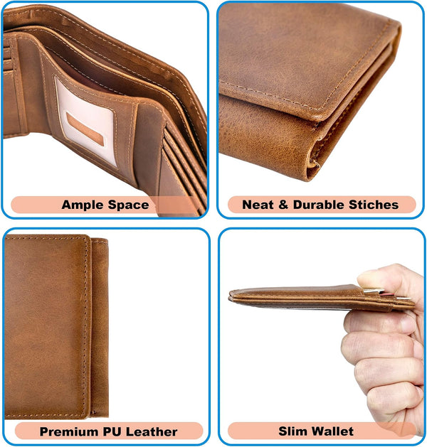 Trifold Wallet for Men Wallets with 8 Card Slot and 2 Money Pocket and 1 Clear Windows Slot + 1 Slim Card Pocket for Credit Card with 6 Card Slot