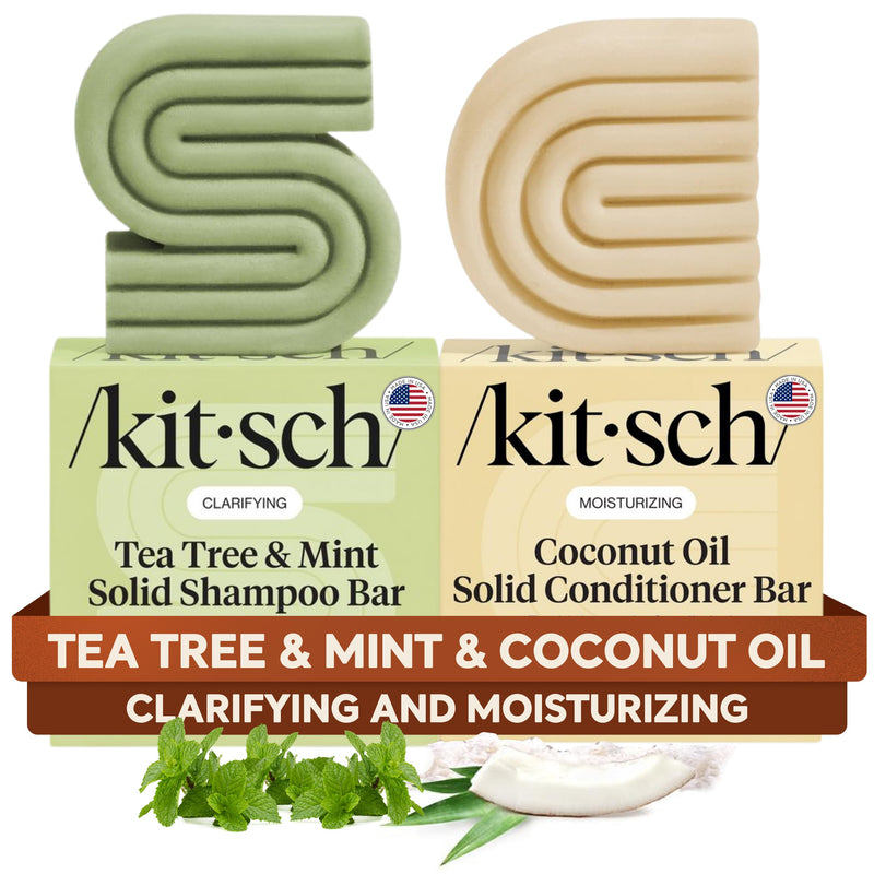 Kitsch Tea Tree Solid Shampoo & Coconut Oil Conditioner Bar, Shampoo and Conditioner Set for Clarifying Grease & Deep Moisturizing, Natural
