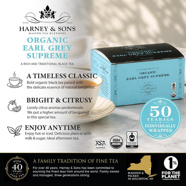 Harney & Sons Organic Earl Grey Supreme Tea Bags, 50 Count 50 Count (Pack of 1)
