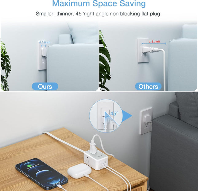 Small Flat Plug Power Strip, TESSAN Ultra Thin Extension Cord with 3 USB Wall Charger (1 USB C), 3 Outlets Mini Charging