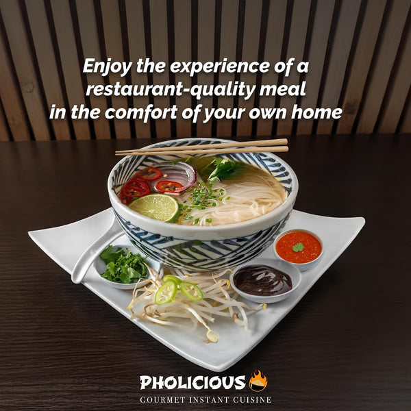 PhoLicious Instant Beef Pho, Authentic Vietnamese Rice Noodle Soup Kit with Spices & Broth Mix, Ramen Noodles Alternative, Quick Microwave Meal -