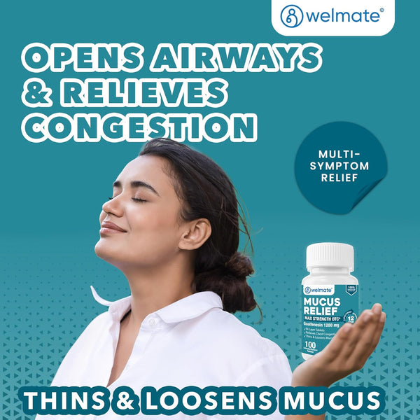 WELMATE Guaifenesin 1200 mg Mucus Relief, Maximum Strength, 100 Count | Extended-Release Expectorant Tablets, 12 Hour Chest Congestion Relief,