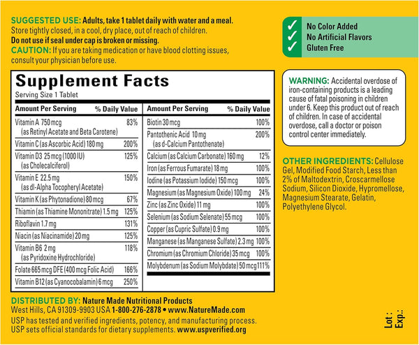 Nature Made Multivitamin Tablets with Iron, Multivitamin for Women and Men for Daily Nutritional Support, 130 Tablets, 130 Day Supply (Packaging
