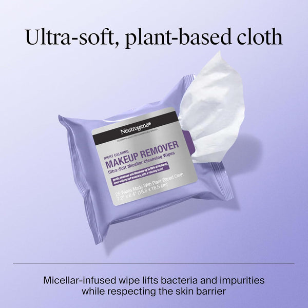 Neutrogena Makeup Remover Night Calming Cleansing Towelettes, Disposable Nighttime Face Wipes to Remove Dirt, Oil & Makeup, 25 Ct