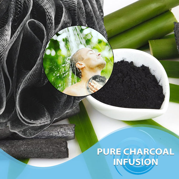 SHOWER BOUQUET Loofah-Charcoal Bath-Sponge-4-Pack Extra-Large 75g Soft Mesh | Black Luffa Loufa Loofa Puff Set / Exfoliating Body Scrubber Lufas