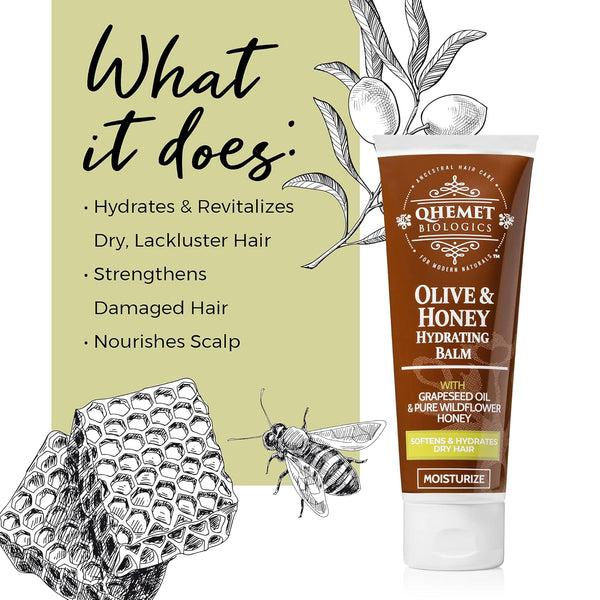 Qhemet Biologics Olive & Honey Hydrating Balm - Moisturizing Hair Balm for Smooth, Soft, Supple Hair - Leave in for Long-Lasting Hydration -