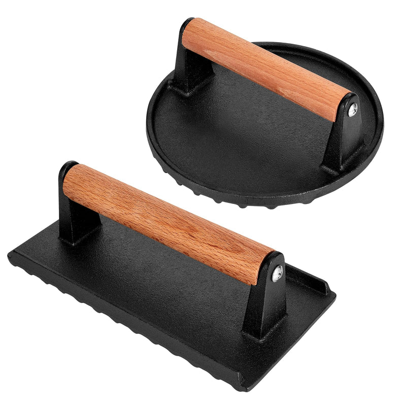 Blackstone Burger Press Set - 7" Round Smash Burger Press & 8"x4" Rectangle Cast Iron Grill Press with Wooden Handle - Smasher is Perfect for