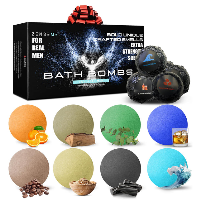 Bath Bombs for Men - Gift Set of 8 Scented Organic Handmade Bath Bombs of 2.5 oz with Natural Essential Oils, Unique Str