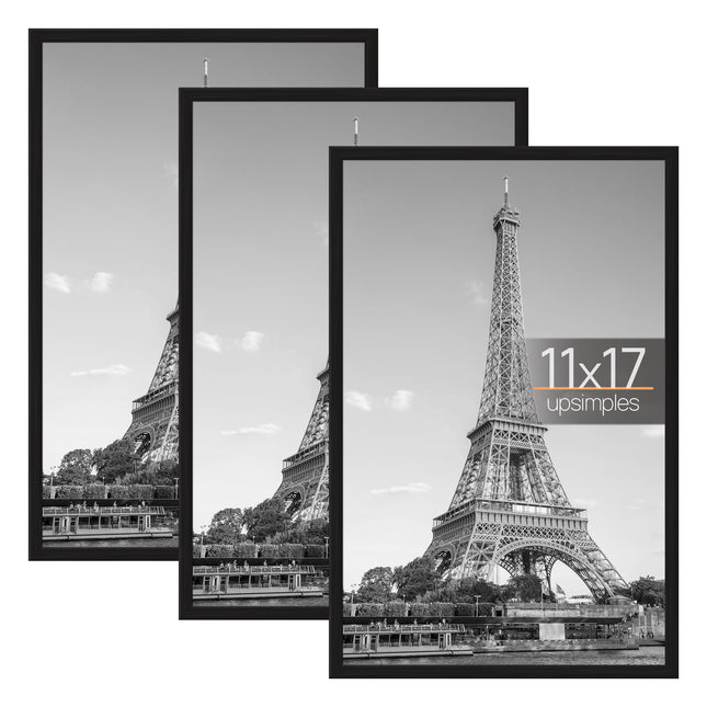 Upsimples 11X17 Picture Frame Black 3 Pack, Scratch-Proof 11 X 17 Poster Frames for Photo Gallery - Slide-In Strips, Hor