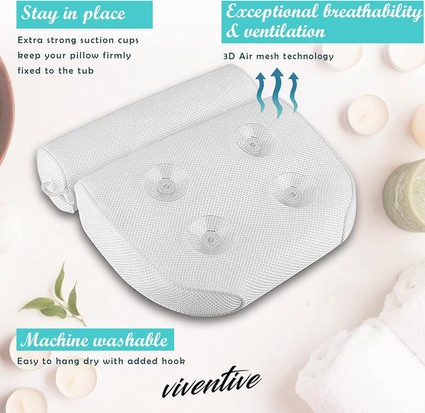 Luxury Bath Pillow for Tub - Non-Slip and Extra-Thick, Head, Neck, Shoulder and Back Support. Soft and Large Comfort Bathtub Pillow Cushion
