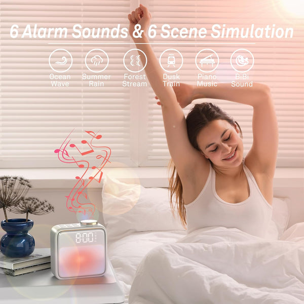 AIRIVO Alarm Clock Night Lights, Built-in Battery Alarm Clock for Bedrooms, 6 Scenes & White Noise Sync, Dual Alarms & Snooze, for Heavy Sleepers,