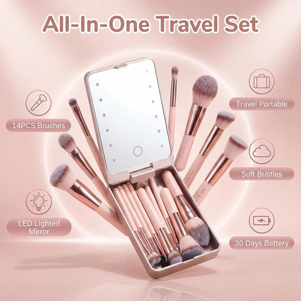 BS-MALL Makeup Brushes Foundation Powder Concealers Eye Shadows Makeup Set with LED light Mirror 14 Pcs Mini Makeup Brushes (APINK) Black/White/Pink