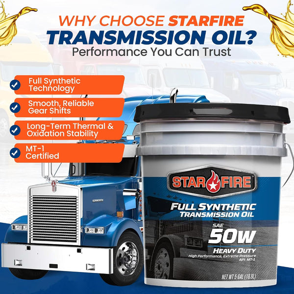 STARFIRE SAE 50W Full Synthetic Transmission Oil – 5 Gallon Pail – Heavy Duty Gear Oil for Manual Transmissions – Long Drain, High Temp, Oxidation