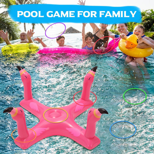 Inflatable Pool Ring Toss Games Toys, Floating Shark Flamingo Swimming Pool Ring with 6Pcs Rings, Swimming Pool Games for Kids Adults Summer Pool