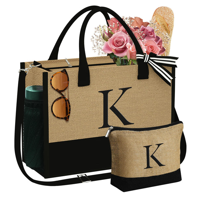 YOOLIFE Personalized Gifts for Women - Initial Jute Tote Bag & Makeup Bag, Birth