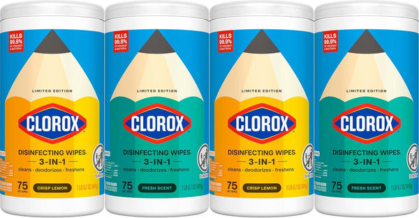 Clorox Disinfecting Wipes Back to School Variety Pack, 75 Count Each, Pack of 4 (Package May Vary) Lemon + Fresh