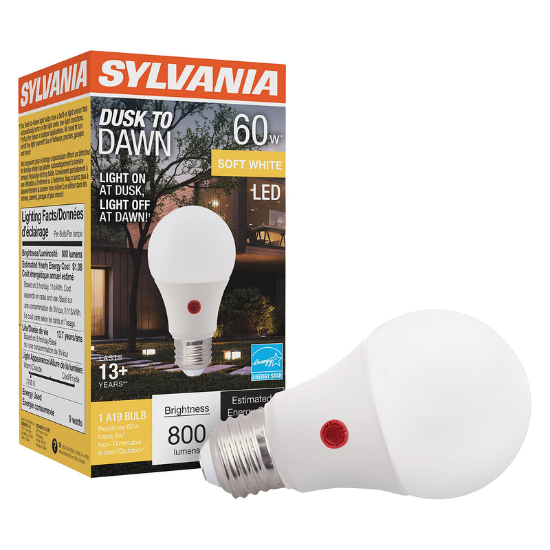Sylvania Dusk to Dawn A19 LED Light Bulb with Auto On/Off Light Sensor, 60W=9W, 800 Lumens, 2700K, Soft White - 1 Pack (41288) Soft White A19 1 Pack