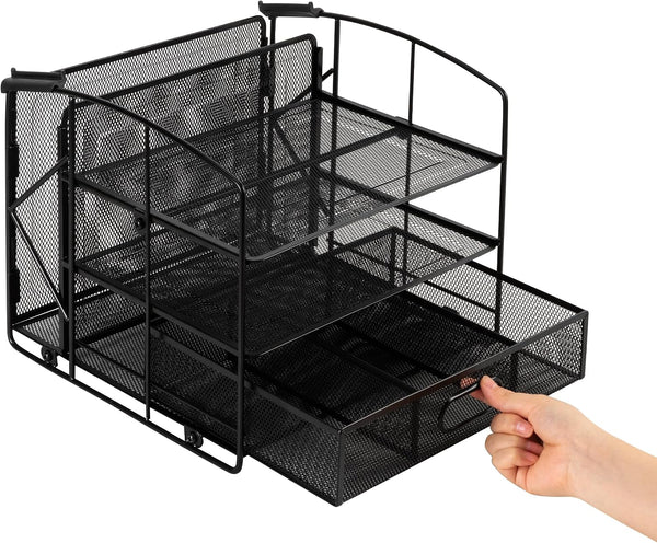 Amazon Basics Sturdy Rectangular Desktop Organizer with 3 Trays, Sliding Drawer and Hanging File Holder for Office Supplies, Black