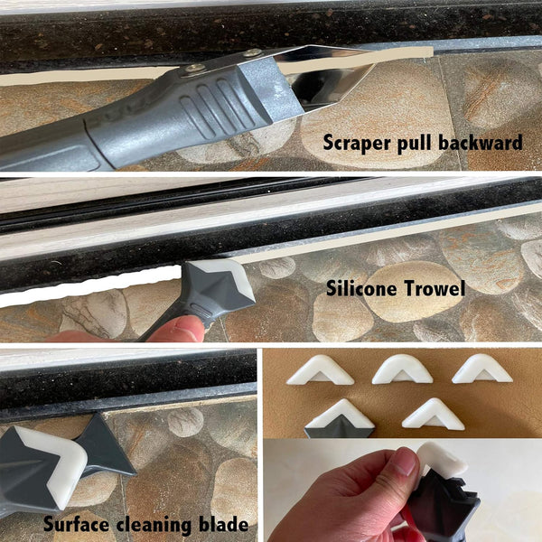 3 in 1 Silicone Caulking Tools（Stainless Steelhead）, Sealant Finishing Tool Grout Scraper, Reuse and Replace 5 Silicone Pads, Great Tools for