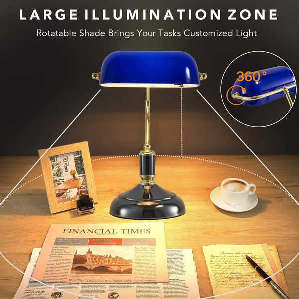 Traditional Bankers Lamp, Handmade Emerald Blue Glass Shade,with Pull Chain Switch Plug in Fixture,Vintage Office Table Light, Antique Style Desk
