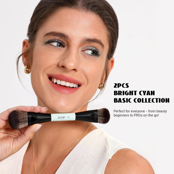 Jessup Makeup Brushes 2Pcs Double Sided Foundation Brush Contour Brush Dual Ended Eye Blending Brush, Multi-Functional Cosmetic Brush Bright Cyan T502