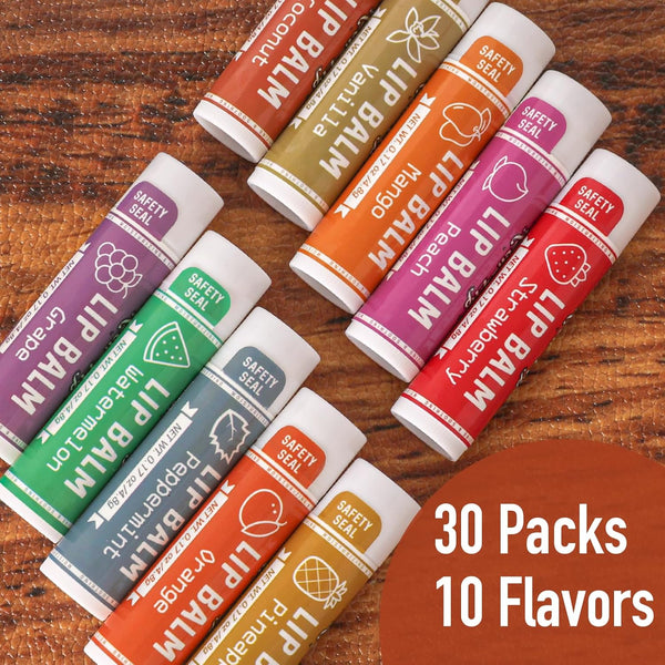 AZEN 30 Pack Lip Balm, Natural Lip Balm Bulk, Lip Care Product, Moisturizing Lip Balms for Dry Cracked Lips - 10 Flavors