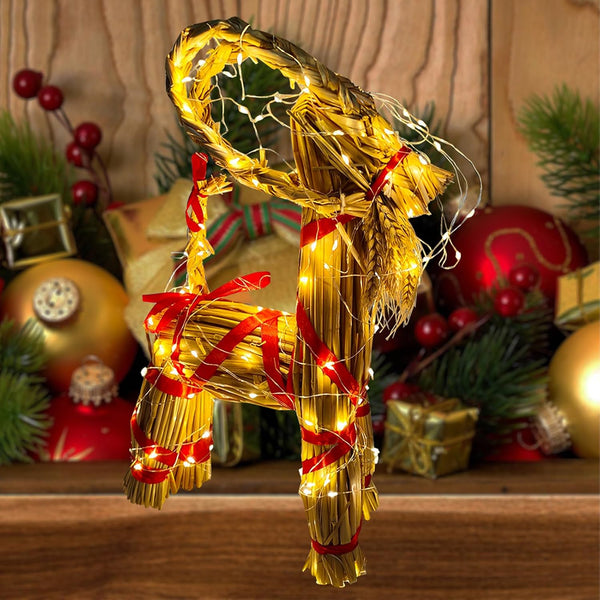 11.8" Lighted Christmas Straw Goat Home Decor Swedish Scandinavian Yule Style Decorative Handmade Ornaments with LED Light for Indoor Christmas