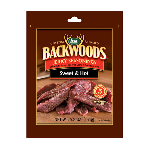 LEM Products Backwoods Sweet & Hot Jerky Seasoning, Ideal for Wild Game and Domestic Meat, Seasons Up to 5 Pounds of Meat, 5.8 Ounce Packet with