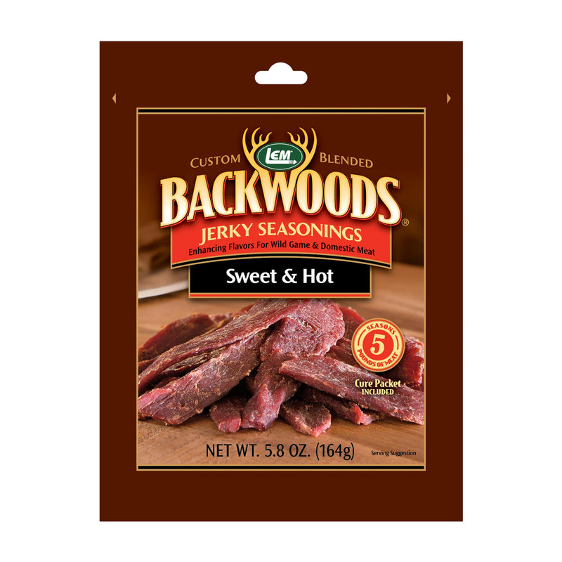 LEM Products Backwoods Sweet & Hot Jerky Seasoning, Ideal for Wild Game and Domestic Meat, Seasons Up to 5 Pounds of Meat, 5.8 Ounce Packet with