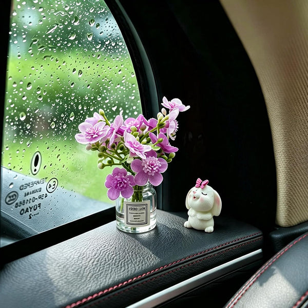 Set of 2 Cute Mini Bunny and Peach Blossom in Flower Vase Car Rearview Mirror Ornaments Funny Dashboard Decorations Kawaii Car Interior