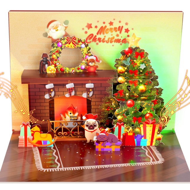 Christmas Card Pop up with Light and Music 3D Santa Fireplace Merry Christmas Gr