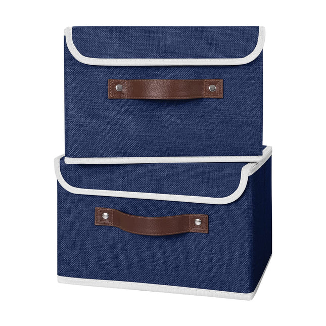 ANMINY 2PCS Storage Bins with Lid PU Leather Handles Storage Boxes PP Plastic Board Decorative Foldable Lidded Cotton Li