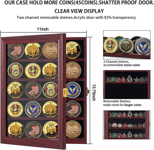 Jinchuan Military Challenge Coin Display Case Lockable Cabinet Rack Holder Shadow Box with Removable 2 Grooves Shelves and Anti Dust Door for