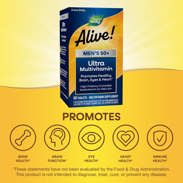 Nature's Way Alive! Menâs 50+ Daily Ultra Multivitamin, High Potency Formula, Supports Healthy Brain, Eyes & Heart*, with Methylated B12,