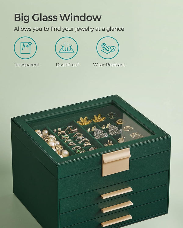SONGMICS GISELLA Collection - Jewelry Box Organizer with Glass Lid, 4-Layer Jewelry Storage, with 3 Drawers, Modern Style, 8 x 9.1 x 6.5 Inches,
