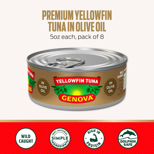 Genova Premium Yellowfin Tuna in Olive Oil, 5 Ounce Cans, 8-Pack – Nutrient Rich, High Protein Canned Tuna Fish - Delicious, Easy, Nutritious