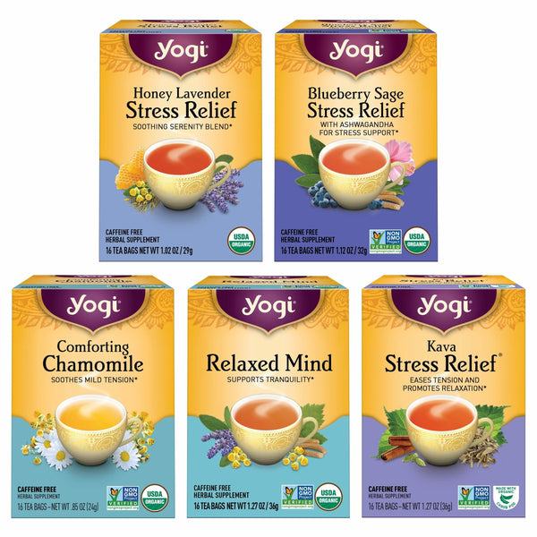 Yogi Tea Stress Relief & Relaxation Variety Sampler - 16 Bags per Pack (5 Packs) - Organic Relaxing Tea Sampler Set - Calming, Comforting