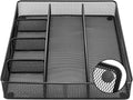 Amazon Basics Metal Mesh Desk Organizer with 6 Compartments, Anti-Slip Pen Holder Storage Tray for Office Supplies and Home, Black 1