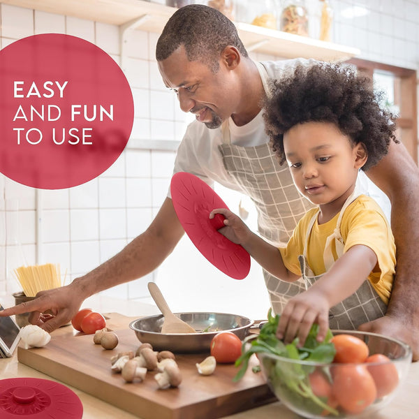 Silicone Bowl Lids Red, Set of 5 Reusable Suction Seal Covers for Bowls, Pots, Cups. Food Safe Natural Grip, Interlocking Handles for Easy Use and